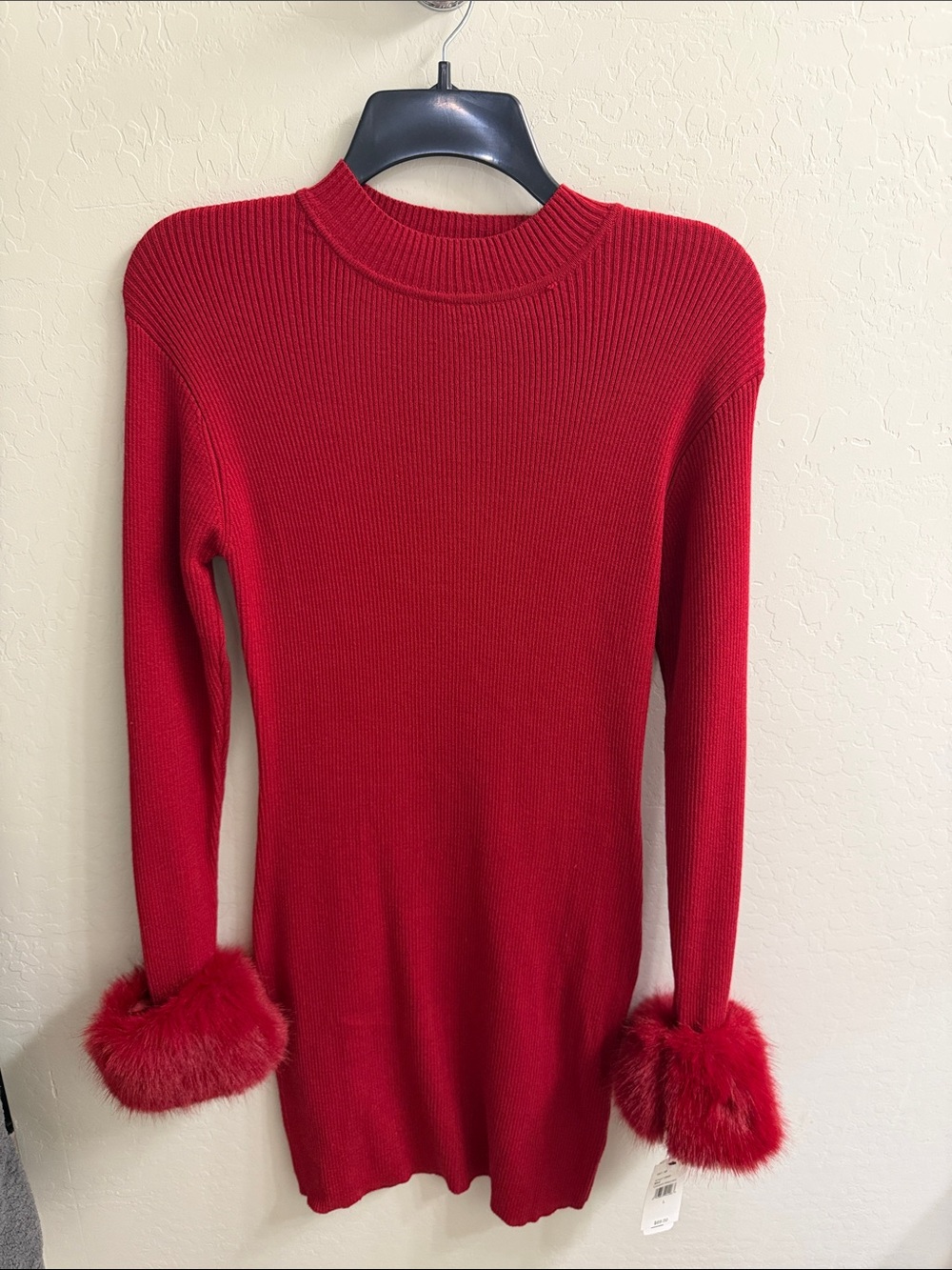 BCX Red Ribbed Sweater Dress with Faux Fur Pom Cuffs